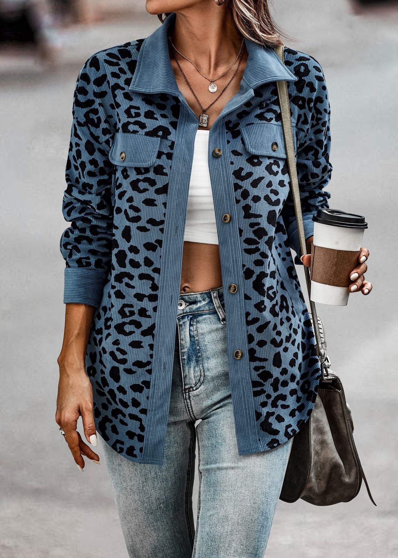 Women's Autumn and Winter Leopard Print Button Long Sleeve Jacket Jacket