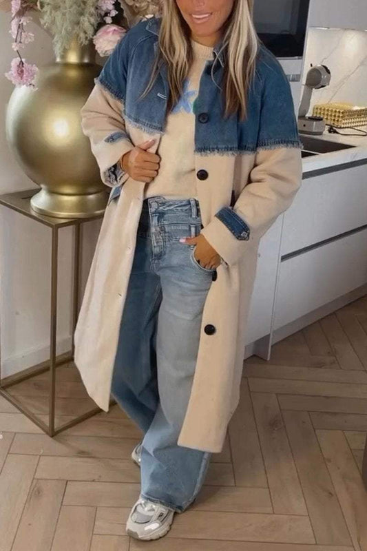 Women's Lapel Single-breasted Denim Patchwork Jacket Coats Cotton Overcoats