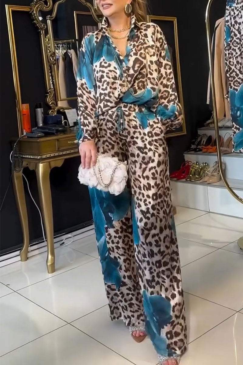 Women's V-neck Long-sleeved Leopard Print Two-piece Suit Sets Two Piece Suit