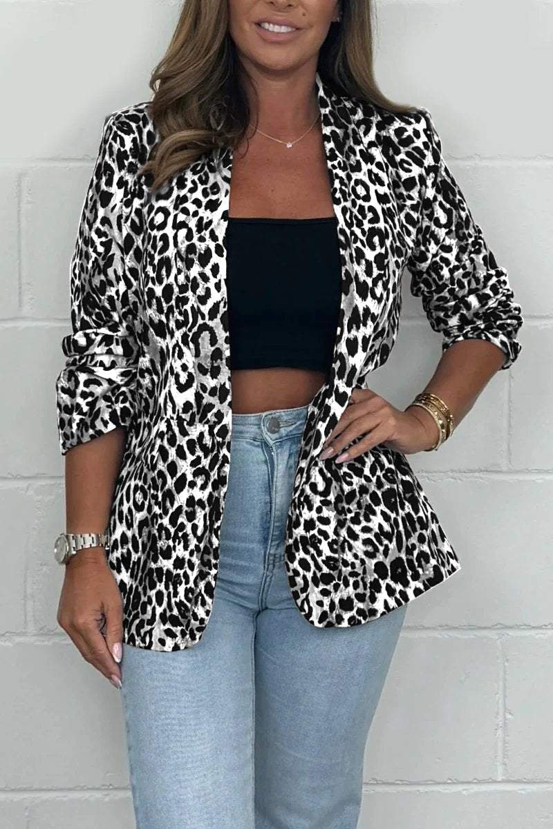 Women's Leopard Print 3/4 Ruched Sleeve Blazer Fashion Trends