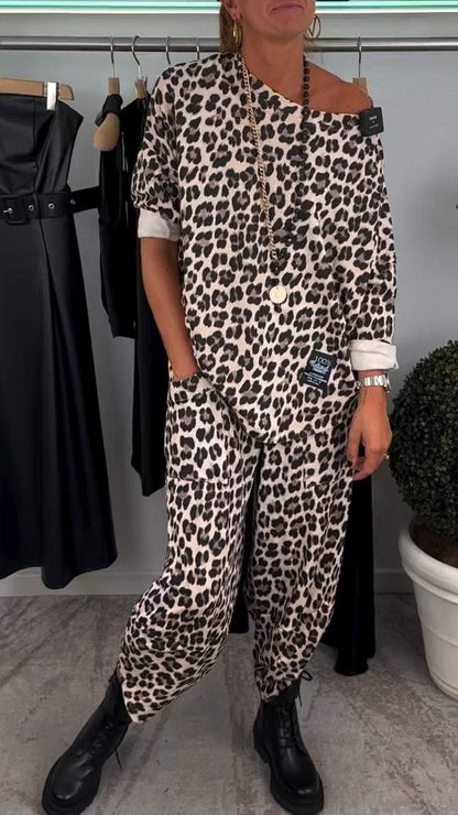 Women's Round Neck Long Sleeve Leopard Print Casual Suit Suit