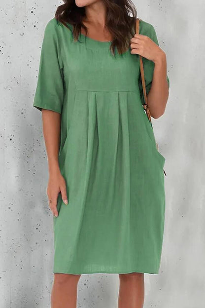 Cotton and Linen Pleated Pocket Casual Dress Dress