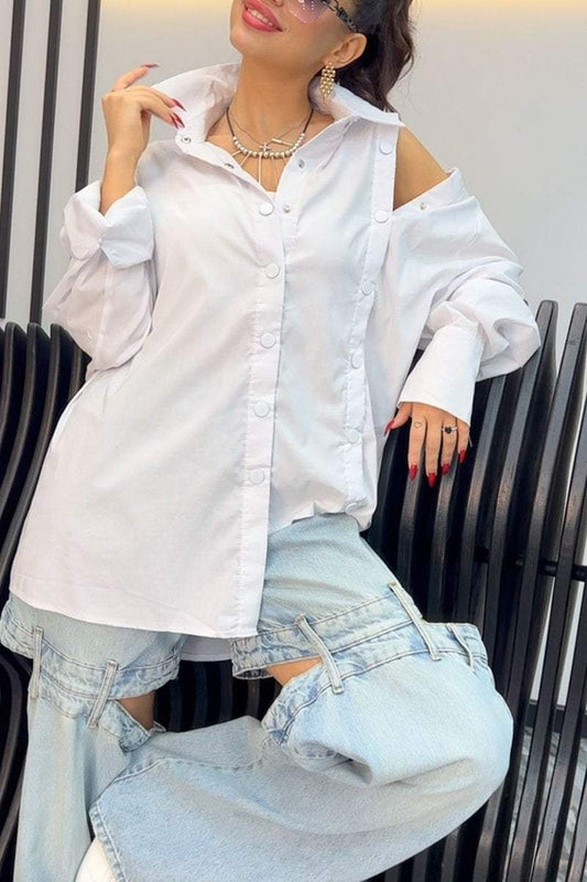 Women's Casual Lapel Solid Color Double-breasted Shirt Cotton Shirts & Blouse Top