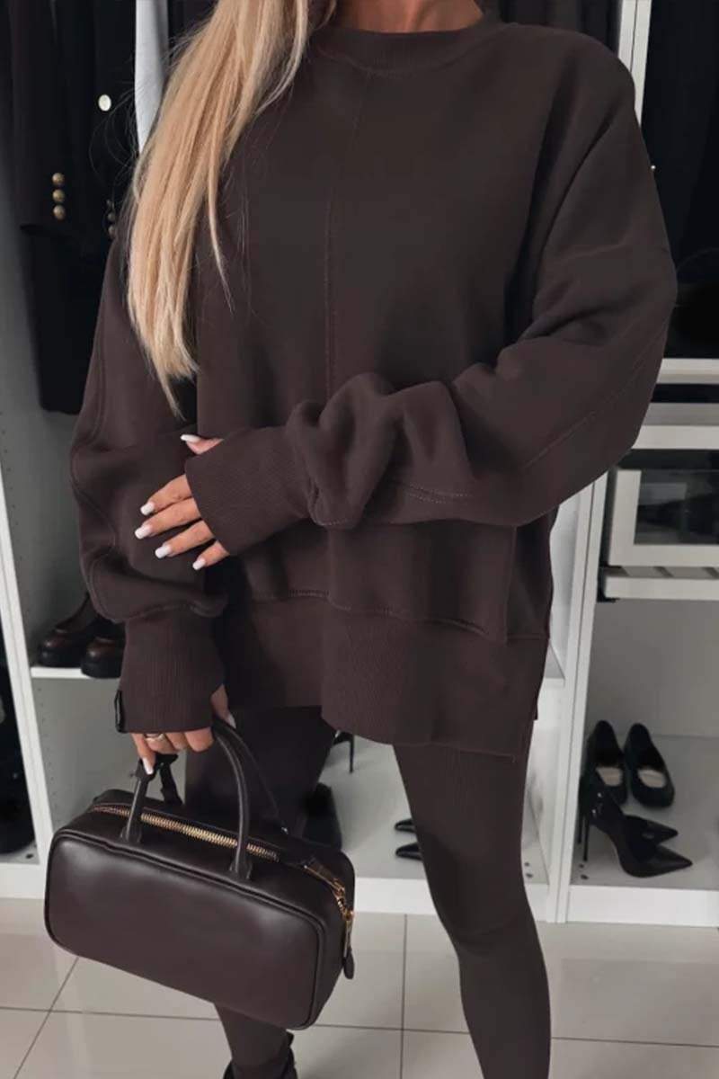 Women's Fall/winter Solid Color Crew-neck Side Slit Hoodie Set Pant sets Sets Two piece sets