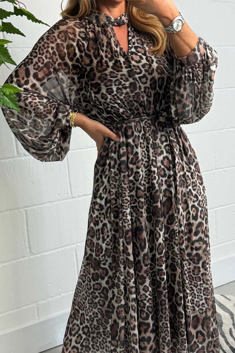 Women's Leopard Puff Sleeve Mesh Belted Maxi Dress Dress Maxi Dress