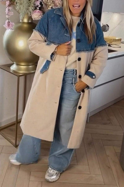 Women's Lapel Single-breasted Denim Patchwork Jacket Coats Cotton Overcoats