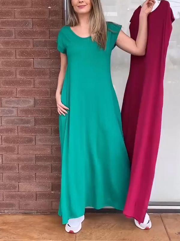 Women's Round Neck Solid Color Short Sleeve Dress Cotton Dress