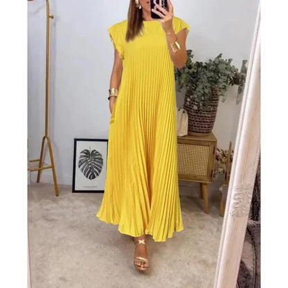 Women's round neck short sleeve pleated dress cotton dress