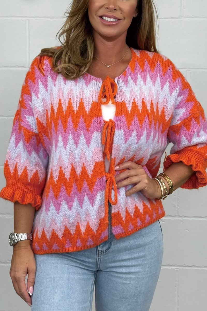 Women's Cropped Zig Zag Frill Sleeve Cardigan Cardigan Top