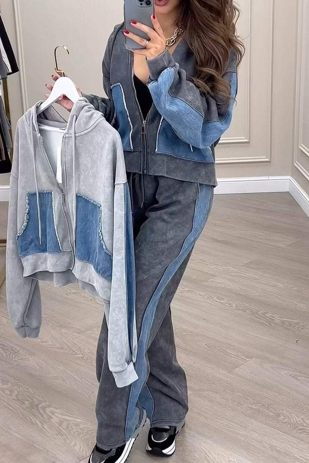 Women's Knitted Patchwork Denim Cardigan Top and Pants Two-piece Set Cotton and Linen Set