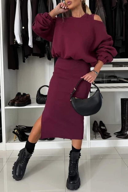 Women's Solid Color Pullover Hoodie Sleeveless Side Open Dress Set