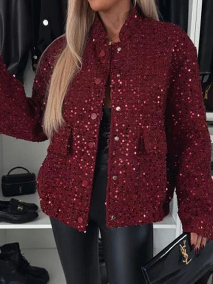 Women's Round Neck Long Sleeve Sequined Casual Coat Coat Tops