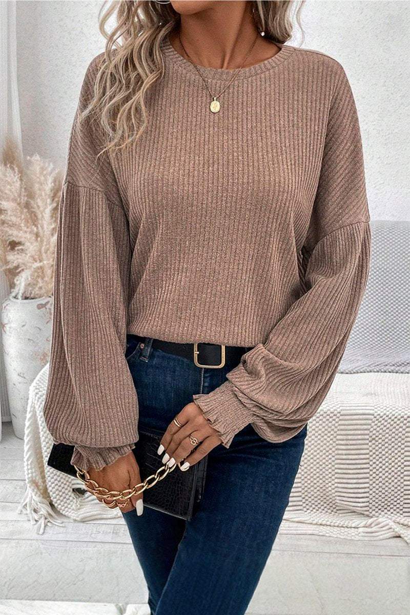 Women's Casual Solid Color Pit Strip Lantern Sleeve Top sweatshirts Top