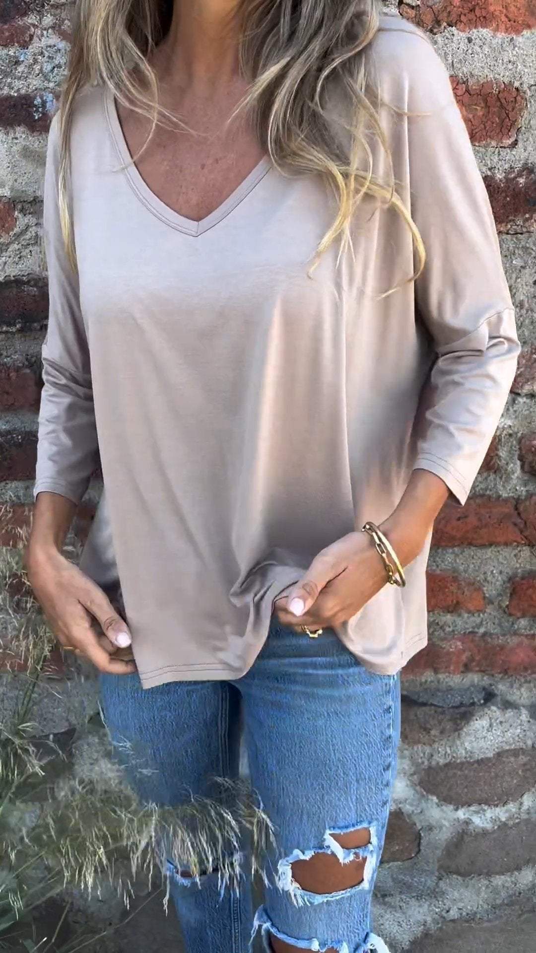 V-neck Long-sleeved Top cotton Top