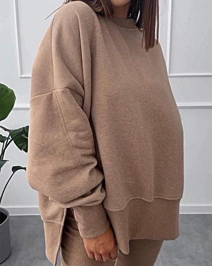 Women's Solid Color Casual Pullover Sweatshirt Two-piece Set Set