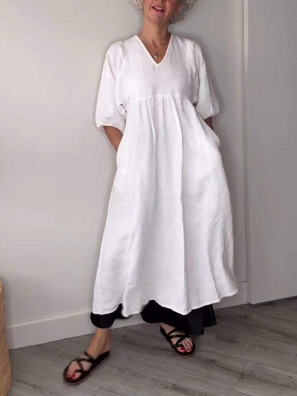 Women's V-neck Solid Color Mid-length Sleeve Dress Cotton and linen Dress