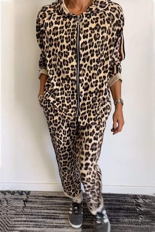 Hooded Long-sleeved Leopard Print Casual Suit Pant sets sets Two piece sets