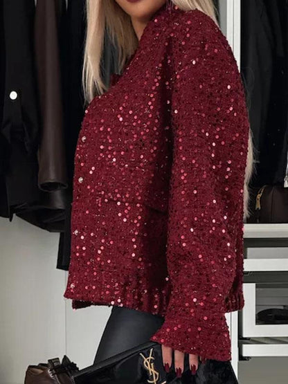 Women's Round Neck Long Sleeve Sequined Casual Coat Coat Tops