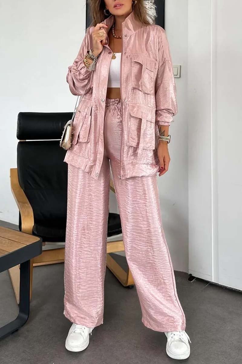 Women's Fashionable Multi-Pocket Shiny Two-Piece Set Set Two-piece set