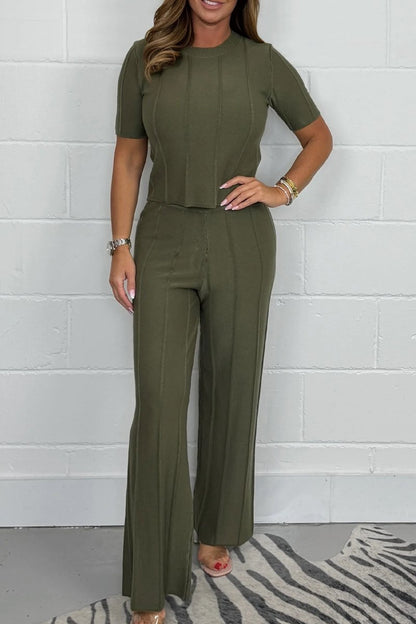 Women's Short Sleeve Soft Knit Ribbed Co-Ord Suits Two-piece set