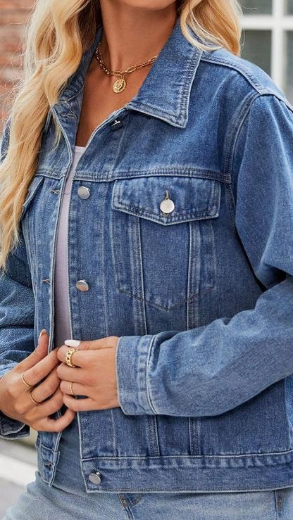 Women's Slim Fit Washed Short Long Sleeve Denim Jacket