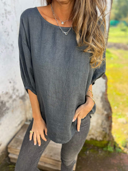 Women's Round Neck Mid-sleeve Cotton and Linen Casual Top cotton tops