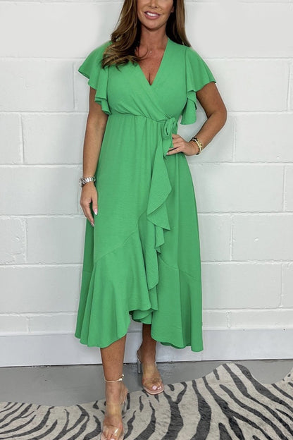 Frill Tie Waist Wrap Maxi Dress Green Dress