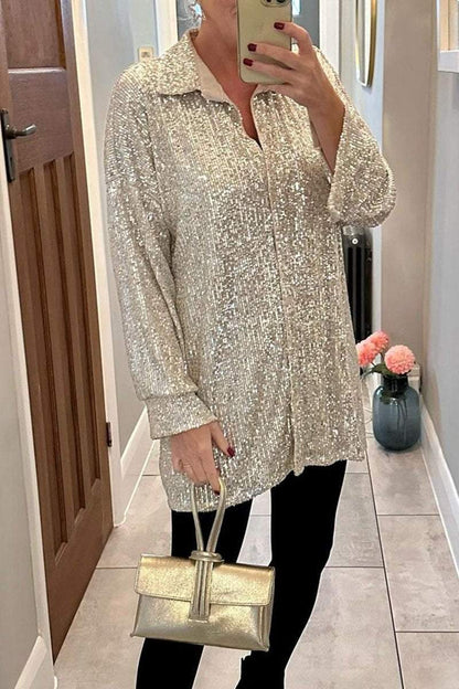 Women's Lapel Single Breasted Sequin Party Shirt Shirts & Blouse Top