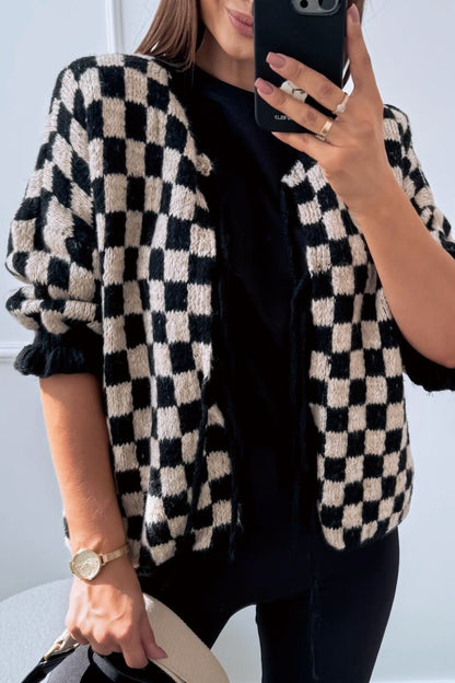 Women's Check Lace-Up Knit Cardigan Cardigans Sweaters Tops