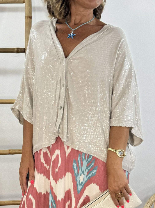 Women's Casual Sequined V-neck Mid-sleeve Shirt Shirt