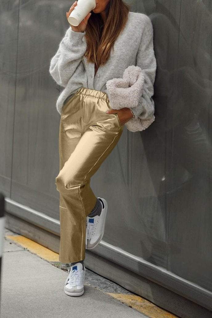 Women's casual solid color metallic straight pants bottoms pants