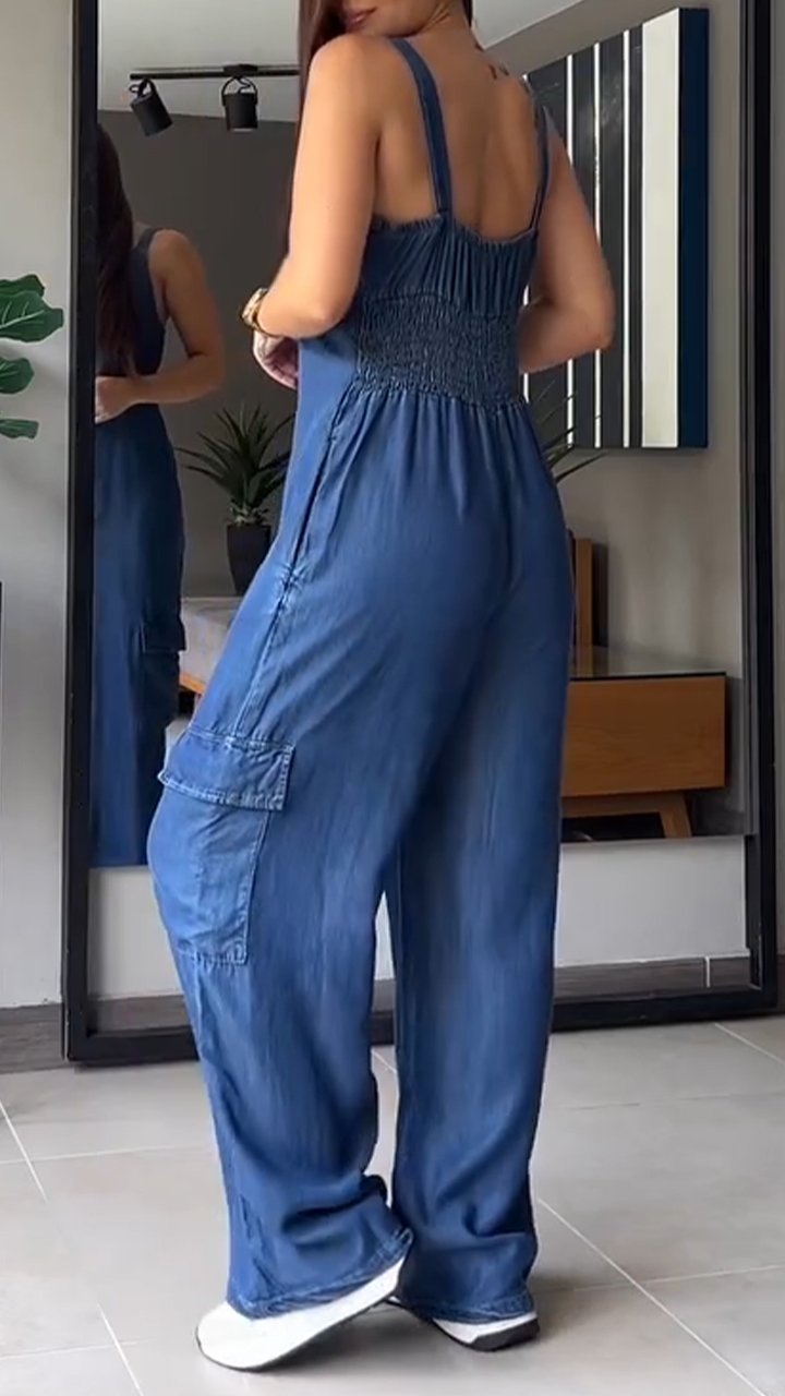 Thin Denim Cargo Pocket V-neck Jumpsuit Jumpsuit pants tops