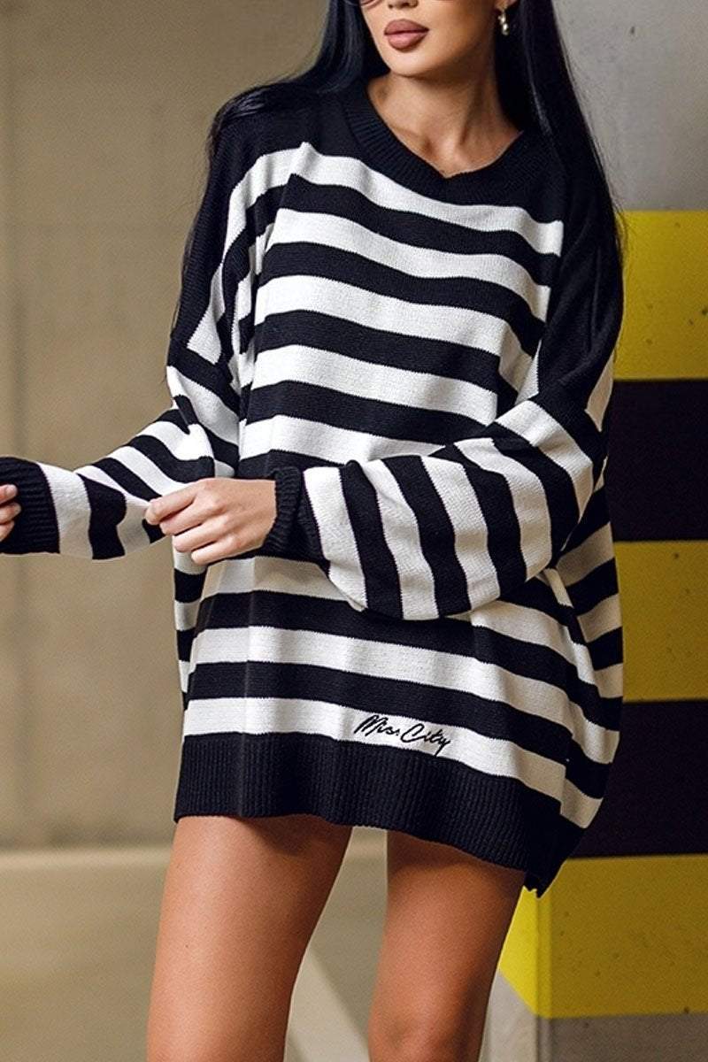 Casual Striped Long Sleeve Pullover Sweater Sweater Tops