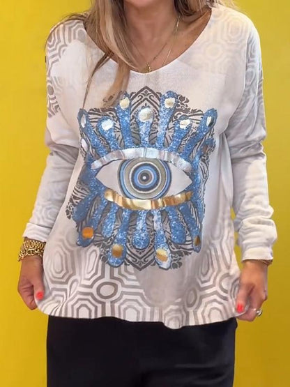 Casual V-neck Eye Printed Long-sleeved Top Cotton Top