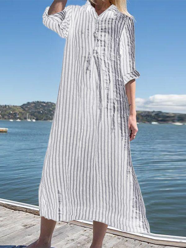 Women's Striped Cotton Linen Polo Collar Long-sleeved Shirt Dress Cotton and linen Dress Shirt Dress