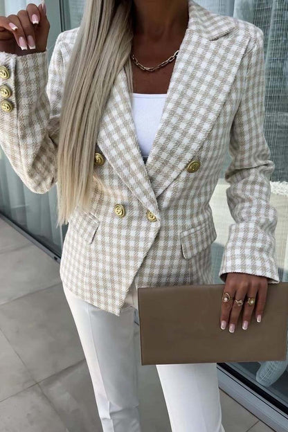 Women's Fashion Plaid Double Breasted Blazer Blazers Tops