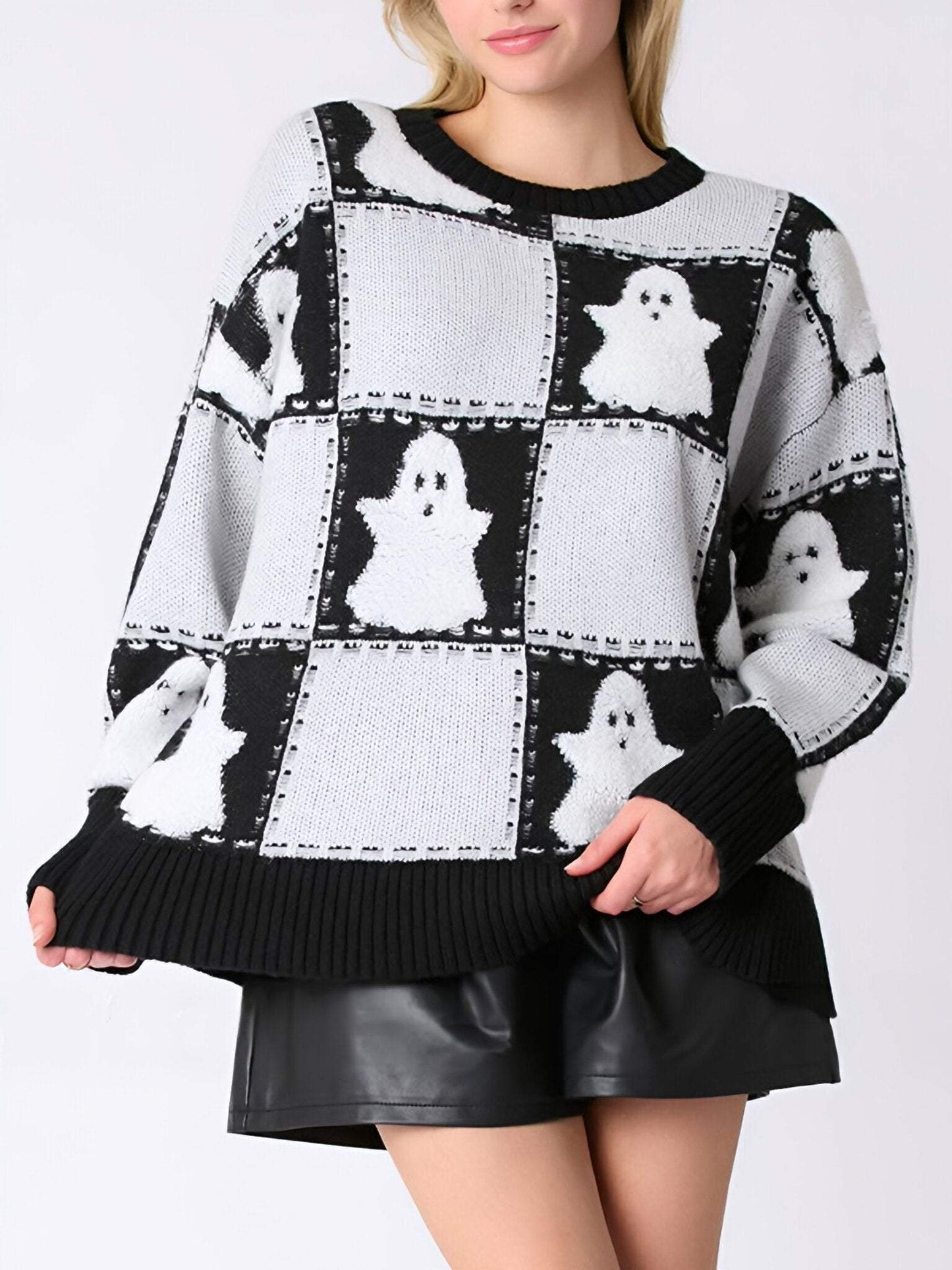 Women's Round-neck Halloween Ghost Plaid Pullover Knitted Sweater Cotton Top