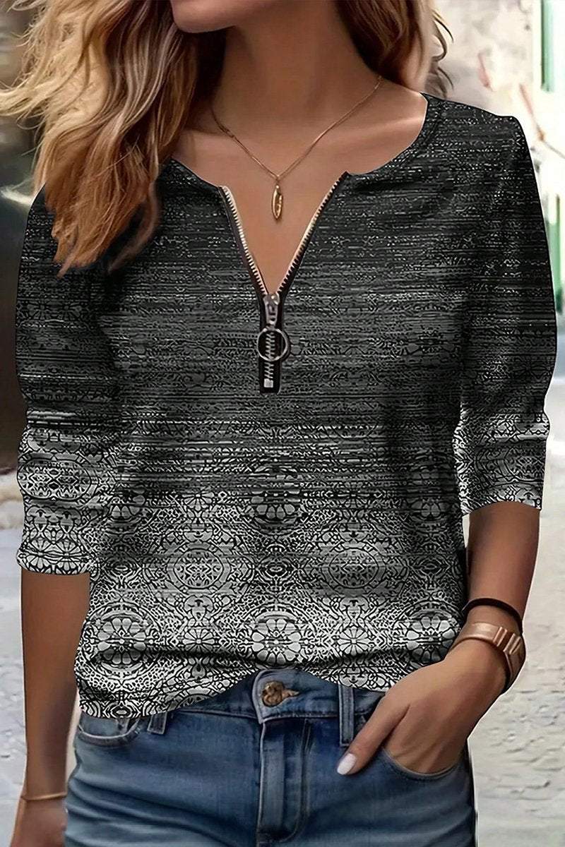 Women's Casual Zipper V-neck Abstract Retro Print Top Top