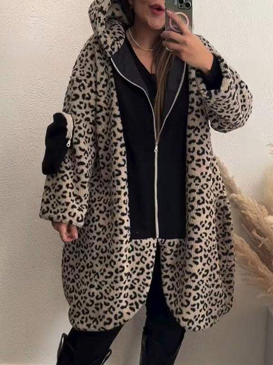 Women's Leopard Print Long Sleeve Hooded Coat Coat Tops