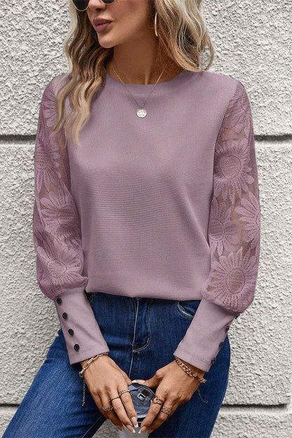 Women's Round Neck Knitted Lace Sleeve Patchwork Top sweater Top