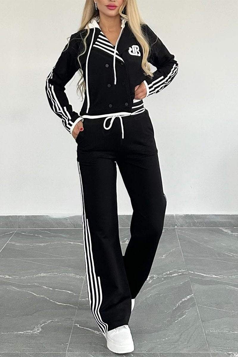 Women's Contrast Web Hooded Pants Suit Sets Two piece sets