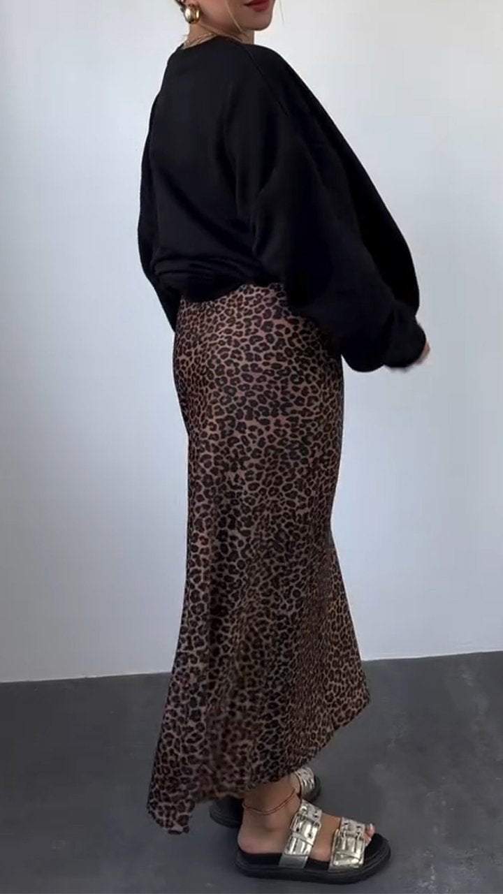 Women's Round Neck Long Sleeve Leopard Print Sweater Dress Suit sets Skirt sets Two piece sets