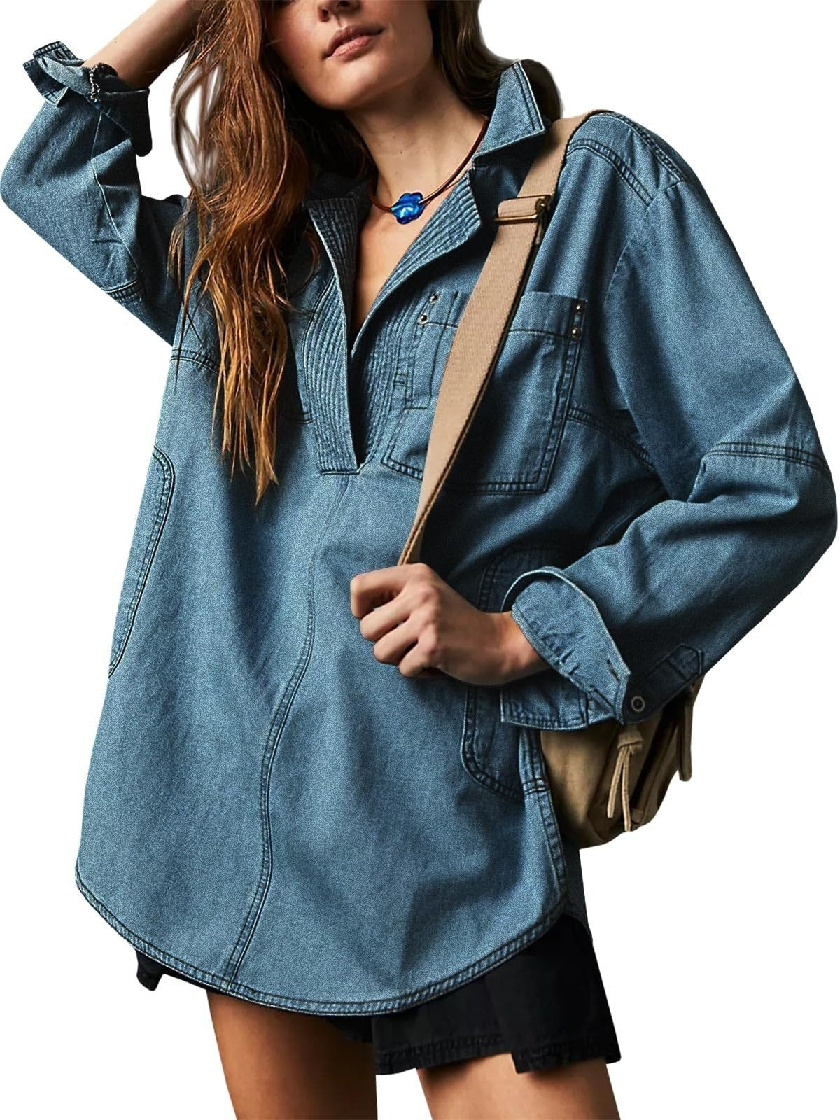 WOMEN'S DENIM V-NECK PULLOVER SHIRT