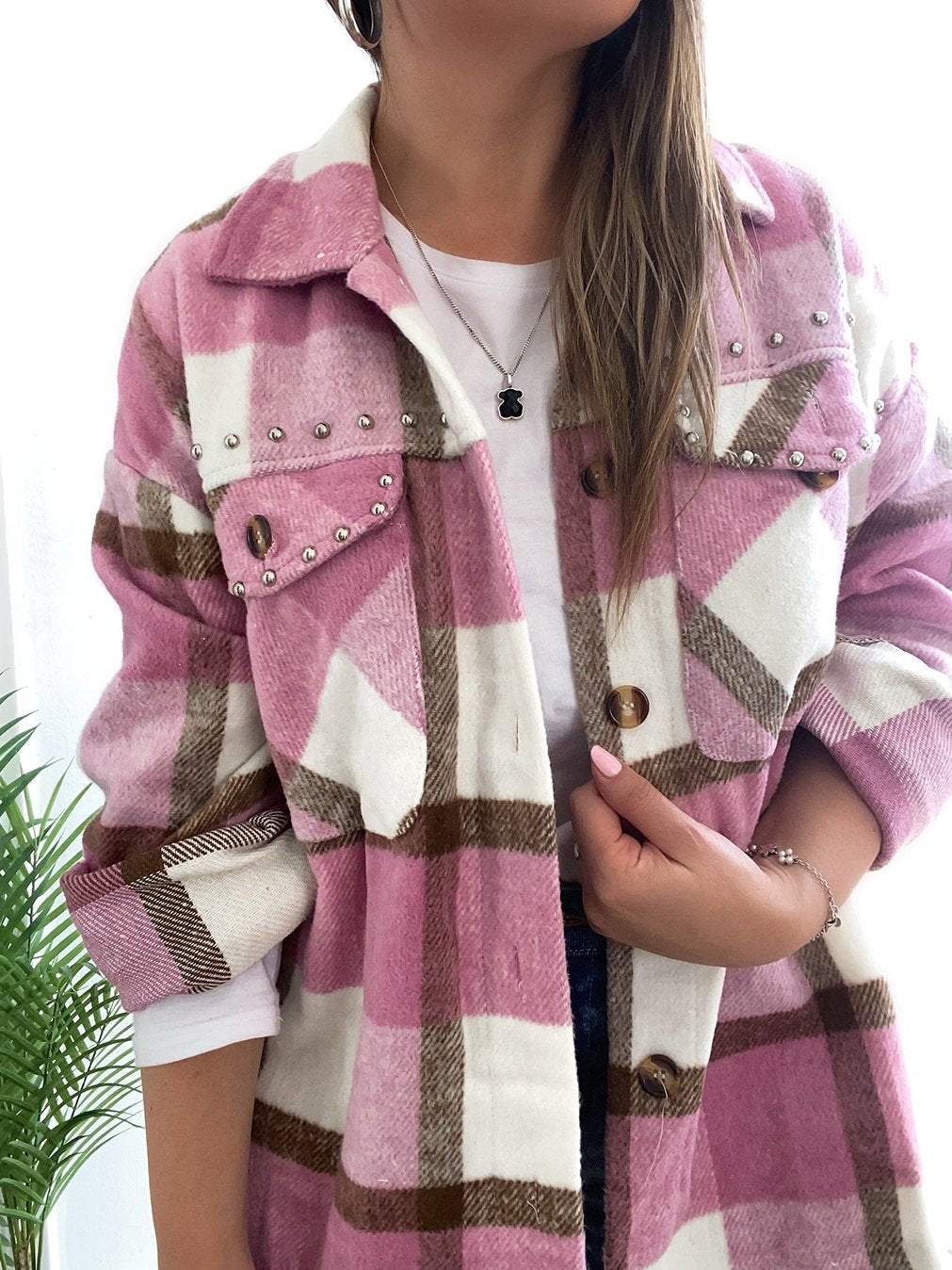 Women's Casual Beaded Plaid Jacket Jacket