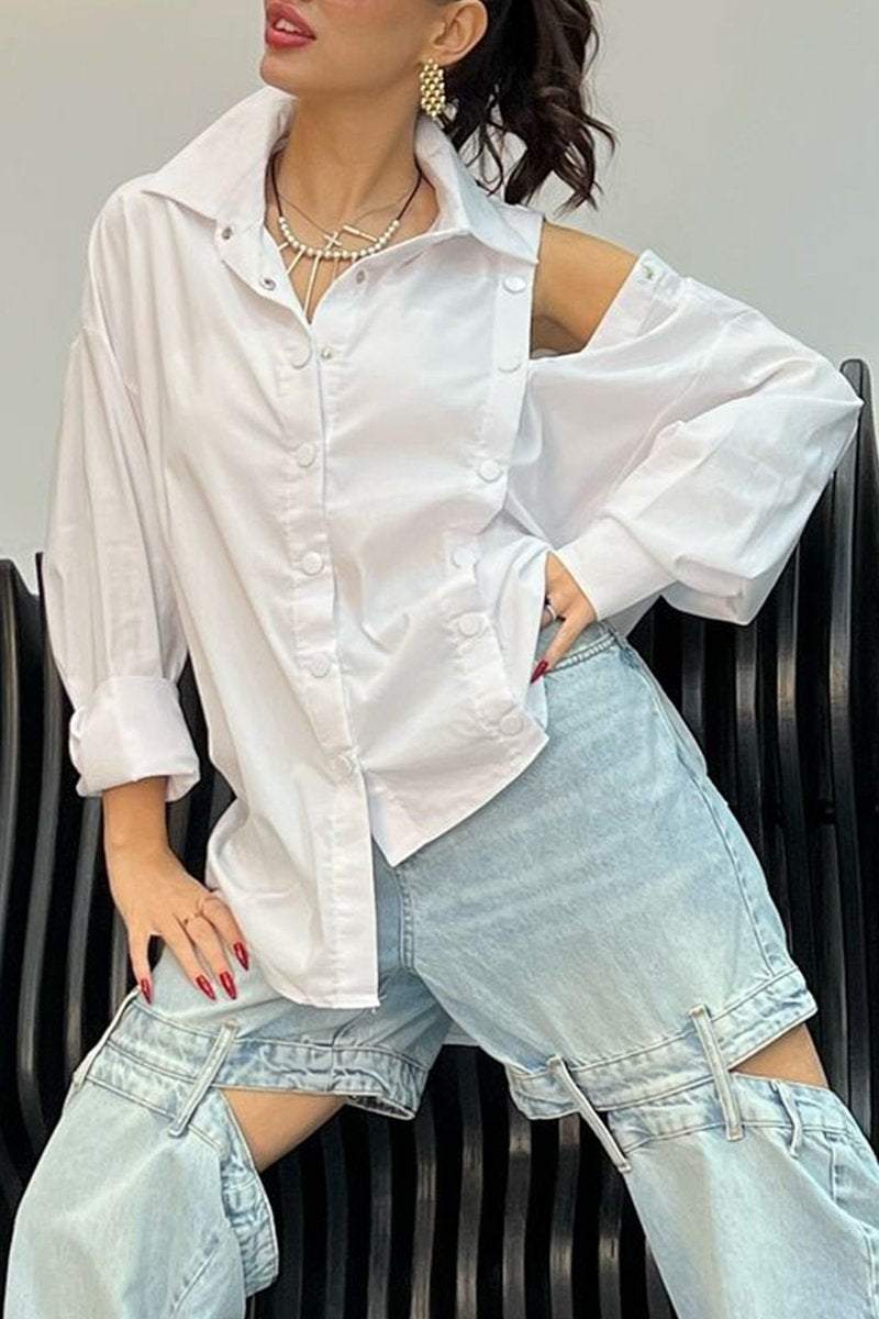 Women's Casual Lapel Solid Color Double-breasted Shirt Cotton Shirts & Blouse Top