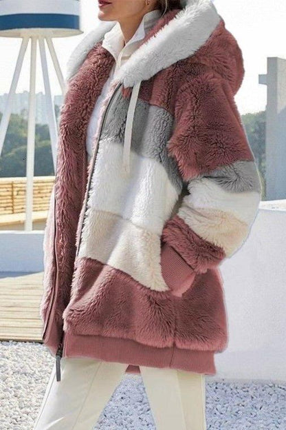 Women's Casual Warm Fur Contrast Hooded Jacket Coats skirts Top