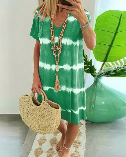 ?Tie-dye Striped Short-sleeved Loose T-shirt Dress Dress