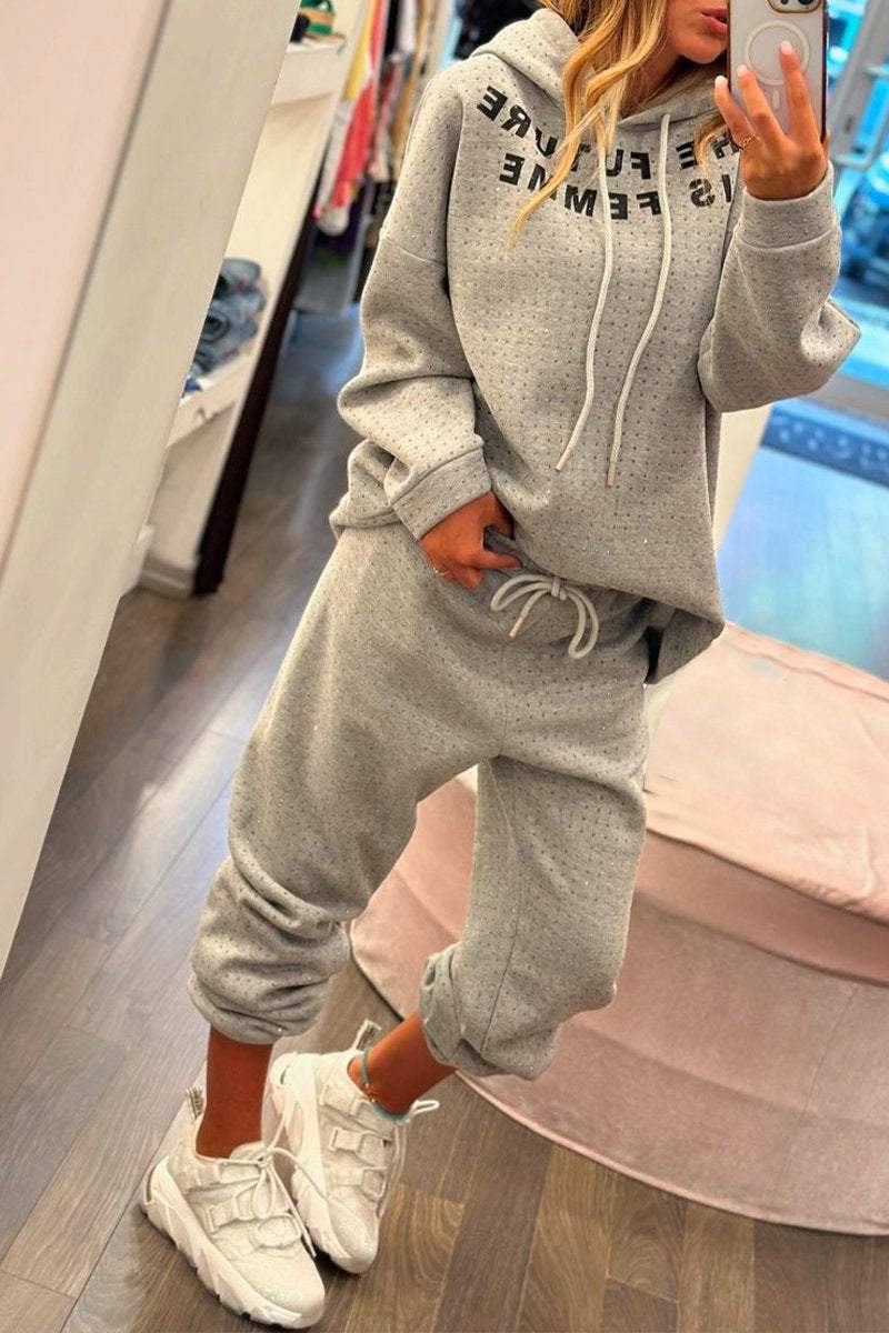 Women's Hooded Long-sleeved Rhinestone Casual Suit Sets Suit Two piece sets