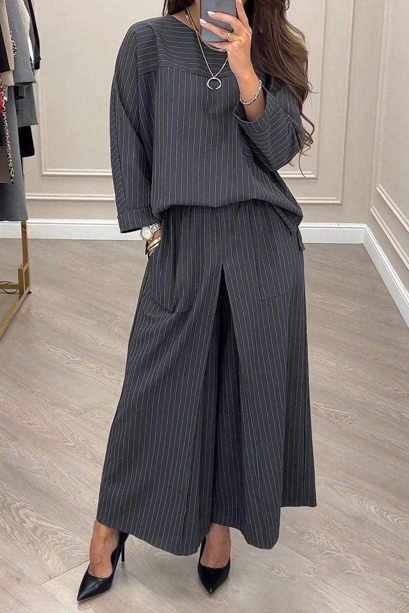 Women's Round Collar Long Sleeve Striped Casual Suit autumn Sets Suit Two piece sets