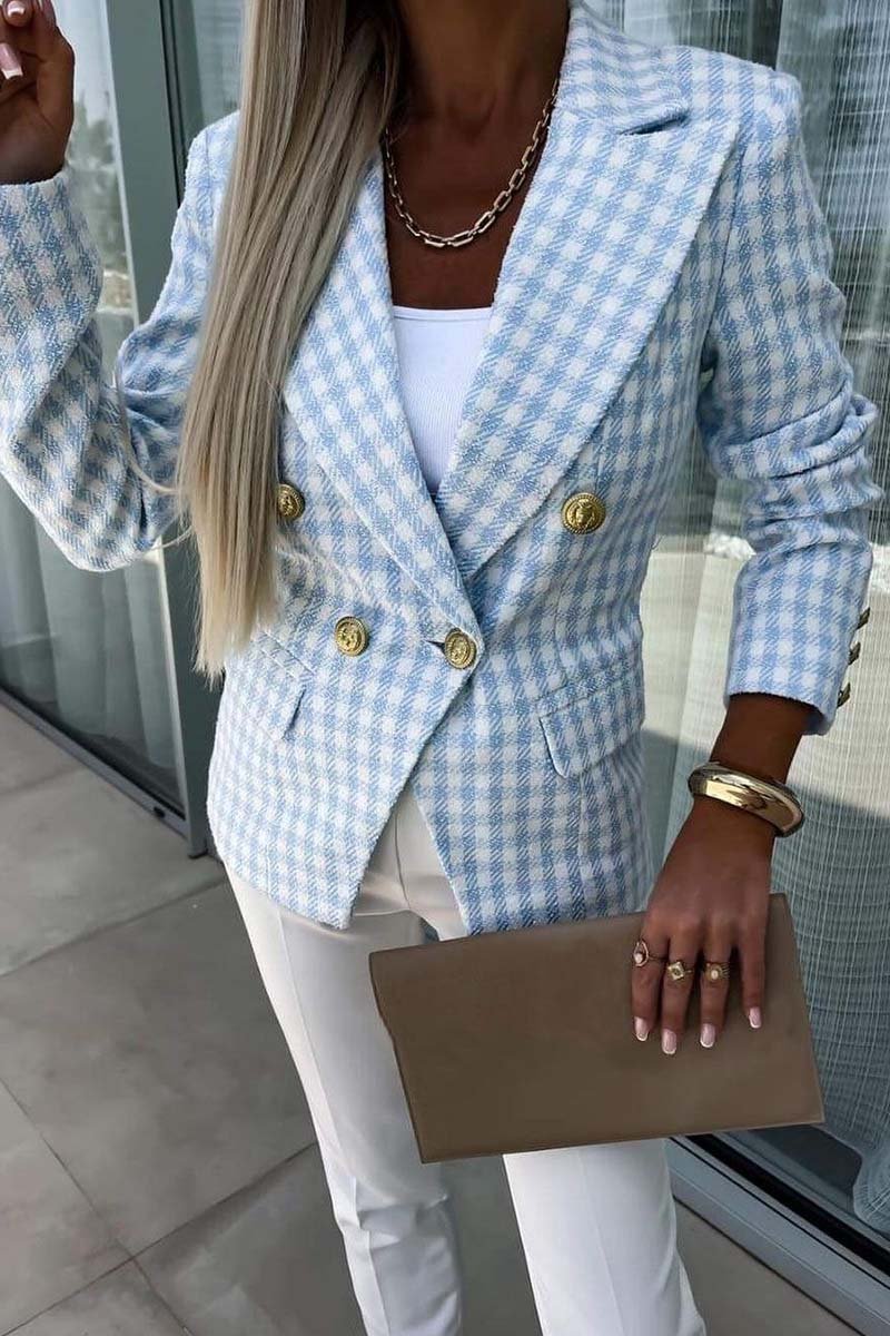 Women's Fashion Plaid Double Breasted Blazer Blazers Tops